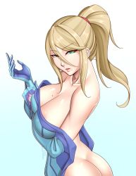 Rule 34 | 1girl, ass, blonde hair, breasts, cleru (cleruuuuu), dressing, from behind, functionally nude, highres, large breasts, metroid, mole, mole on breast, mole under mouth, nintendo, samus aran, solo, zero suit
