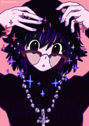 Rule 34 | 1girl, artist name, black hair, black sweater, cross, cross necklace, glasses, highres, hunter x hunter, inverted cross, jewelry, long sleeves, looking at viewer, masaartjv, nail polish, necklace, pink background, shizuku murasaki, short hair, simple background, solo, sweater, turtleneck, upper body