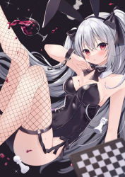 Rule 34 | 1girl, absurdres, alcohol, animal ears, black bow, black bowtie, black leotard, bow, bowtie, breasts, chain, chess piece, chessboard, cuffs, cup, detached collar, drinking glass, fake animal ears, fishnet thighhighs, fishnets, garter straps, highres, leotard, medium breasts, okiq, original, pawn (chess), playboy bunny, rabbit ears, rabbit tail, red eyes, rook (chess), shackles, silver hair, solo, spill, strapless, strapless leotard, tail, thighhighs, thighs, twintails, wine, wine glass