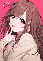 Rule 34 | 1girl, bra strap, brown eyes, brown hair, earrings, finger to mouth, heart, heart earrings, highres, idolmaster, idolmaster shiny colors, jewelry, long hair, long sleeves, looking at viewer, maou (demonlord), pink background, shirt, simple background, smile, solo, tsukioka kogane, upper body