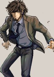 Rule 34 | 1boy, arm hair, beard, black jacket, black necktie, blue skirt, brown hair, cigarette, closed mouth, collared shirt, dated, embers, facial hair, fighting stance, fingernails, frown, grey background, hair over one eye, hand hair, highres, jacket, jigen daisuke, knuckle hair, long sleeves, lupin iii, male focus, messy hair, michio (hara78994098), necktie, shirt, short hair, signature, skirt, solo