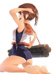 Rule 34 | 10s, 1girl, adjusting hair, arm behind head, ass, bad id, bad twitter id, barefoot, brown eyes, brown hair, flat ass, from behind, holding, holding own hair, i-401 (kancolle), kantai collection, kneeling, looking back, machinery, miwano rag, mouth hold, one-piece swimsuit, ragu (myan nyan), school swimsuit, solo, swimsuit, wet