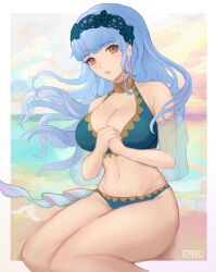 Rule 34 | 1girl, bare shoulders, bikini, blue bikini, blue hair, blue hairband, brown eyes, ciarre, commentary request, fire emblem, fire emblem: three houses, fire emblem heroes, groin, hairband, highres, long hair, looking at viewer, marianne von edmund, marianne von edmund (summer), navel, nintendo, outdoors, own hands together, sitting, solo, stomach, swimsuit, thighs, very long hair, wariza
