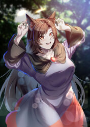 Rule 34 | 1girl, absurdres, animal ears, brooch, brown hair, cowboy shot, dress, fingernails, grey dress, hands up, highres, imaizumi kagerou, jewelry, long dress, long fingernails, long hair, long sleeves, looking at viewer, nature, red eyes, smile, standing, touhou, wolf ears, wolf girl, yujin (kanouyuuto-0423)