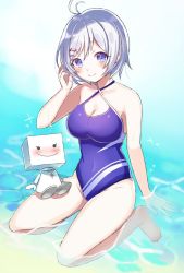 Rule 34 | .live, 1girl, antenna hair, barefoot, blue eyes, blue one-piece swimsuit, casual one-piece swimsuit, character name, commentary request, looking at viewer, motsunuki, one-piece swimsuit, partially submerged, silver hair, dennou shoujo siro, sitting, smile, swimsuit, virtual youtuber, wariza, water