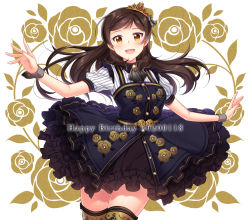 Rule 34 | 1girl, 2020, :d, black neckwear, black skirt, brown hair, dated, floating hair, happy birthday, idolmaster, idolmaster million live!, idolmaster million live! theater days, kitazawa shiho, long hair, looking at viewer, open mouth, shirt, short sleeves, skirt, smile, solo, standing, striped clothes, striped shirt, thighhighs, touon, vertical-striped clothes, vertical-striped shirt, white shirt, wrist cuffs, yellow eyes