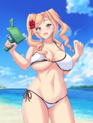 Rule 34 | 1girl, beach, bikini, blonde hair, blue eyes, blurry, blurry background, blush, breasts, cloud, covered erect nipples, day, drill hair, flower, hair flower, hair ornament, hibiscus, highres, honolulu (kancolle), kantai collection, large breasts, long hair, montemasa, ocean, open mouth, outdoors, red flower, side-tie bikini bottom, sky, solo, swimsuit, twin drills, twintails, water gun