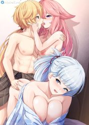 Rule 34 | 1boy, 2girls, abs, aether (genshin impact), alpha zwei, ass grab, ayaka (genshin impact), bedroom, blue eyes, blue hair, blue kimono, doggystyle, genshin impact, group sex, hetero, highres, japanese clothes, kimono, kiss, multiple girls, naked kimono, nipples, on bed, open mouth, pink hair, ponytail, purple eyes, saliva, sex, sex from behind, sweat, threesome, tongue, tongue out, yae miko