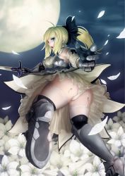 Rule 34 | 1girl, armor, artoria pendragon (fate), ass, banajune, bare shoulders, blonde hair, blue eyes, breastplate, excalibur (fate/stay night), fate/stay night, fate/unlimited codes, fate (series), garter straps, gauntlets, highres, lace, lace-trimmed legwear, lace trim, long hair, looking at viewer, moon, night, panties, petals, ponytail, sabaton, saber (fate), saber lily, solo, sword, thighhighs, thighs, underwear, upskirt, weapon, white panties