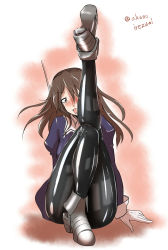 Rule 34 | 10s, 1girl, :p, akunohana, ankle boots, antennae, artist name, ashigara (kancolle), blush, boots, brown eyes, brown hair, full body, gloves, highres, kantai collection, latex, leg up, leggings, long hair, long sleeves, looking at viewer, pantyhose, pink background, shiny clothes, simple background, skin tight, sleeve cuffs, solo, tongue, tongue out, two-tone background, white background, white footwear