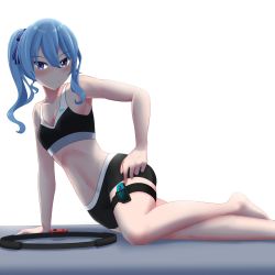 Rule 34 | 1girl, absurdres, blue hair, firen inferno, highres, hololive, hoshimachi suisei, legs, lying, ring fit adventure, self-upload, sportswear, virtual youtuber