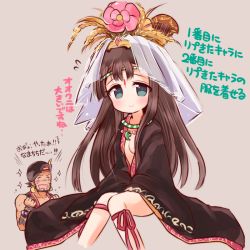 Rule 34 | 1boy, 1girl, bad id, bad pixiv id, blue eyes, blush, breasts, brown hair, circlet, cleavage, coat, comb, cosplay, facial mark, flower, flying sweatdrops, forehead mark, headdress, jewelry, kushinada (p&amp;d), long hair, long sleeves, magatama, mashiro miru, medium breasts, naked coat, necklace, no nose, ookuninushi (p&amp;d), ookuninushi (p&amp;d) (cosplay), puzzle &amp; dragons, ribbon, simple background, sitting, sleeves past wrists, smile, sparkle, translation request, very long hair, wheat