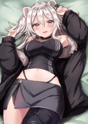 Rule 34 | 1girl, :d, animal ears, black jacket, black pantyhose, black shirt, black skirt, blush, breasts, cowboy shot, ear piercing, fangs, grey eyes, hair between eyes, highres, hololive, jacket, large breasts, lion ears, long hair, long sleeves, lying, midriff, on back, on bed, open clothes, open jacket, open mouth, pantyhose, piercing, shirt, shishiro botan, shishiro botan (1st costume), single leg pantyhose, skirt, sleeveless, sleeveless shirt, smile, solo, virtual youtuber, white hair, yuano