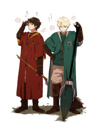 Rule 34 | 2boys, alternate eye color, bad id, bad pixiv id, blonde hair, boots, broom, brown footwear, brown gloves, brown hair, coat, draco malfoy, fingerless gloves, frown, full body, glasses, gloves, green coat, green eyes, green sweater, grey eyes, gryffindor, hand up, harry potter, harry potter (series), highres, hogwarts school uniform, holding, ko me k, long sleeves, looking at viewer, male focus, messy hair, multiple boys, pants, quidditch, red coat, red sweater, scar, scar on face, scar on forehead, school uniform, slytherin, standing, steaming body, sweat, sweater, white background, white pants, wizarding world