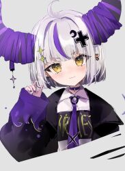 Rule 34 | 1girl, :3, ahoge, akebisousaku, black jacket, black nails, blush, collared shirt, crescent, crescent hair ornament, cross hair ornament, demon horns, ear piercing, grey hair, hair ornament, highres, hololive, horns, jacket, la+ darknesss, la+ darknesss (casual), looking at viewer, multicolored hair, nail polish, necktie, official alternate costume, piercing, pointy ears, purple hair, purple necktie, shirt, smile, solo, streaked hair, virtual youtuber, white shirt, yellow eyes