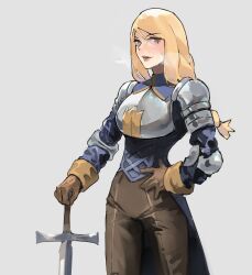 Rule 34 | 1girl, absurdres, agrias oaks, armor, azisugito, blonde hair, braid, breasts, brown gloves, exhausted, final fantasy, final fantasy tactics, gloves, highres, holding, holding weapon, large breasts, open mouth, shoulder armor, simple background, solo, sweat, sword, weapon
