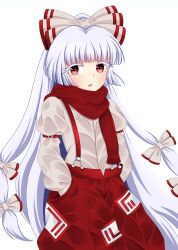 Rule 34 | 1girl, absurdres, blue hair, bow, buttons, cipher (user watm8555), commentary request, cowboy shot, fujiwara no mokou, hair bow, hands in pockets, highres, light blue hair, long hair, long sleeves, looking at viewer, ofuda, ofuda on clothes, pants, parted lips, red eyes, red pants, red scarf, scarf, shirt, simple background, sleeve garter, solo, standing, suspenders, touhou, very long hair, white background, white bow, white shirt