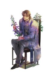 Rule 34 | 1boy, bad id, bad pixiv id, brown hair, chair, cross, cross necklace, fate/stay night, fate (series), flower, jewelry, kotomine kirei, male focus, multiple boys, necklace, samel10, sitting, solo, ssam (samel10), transparent background