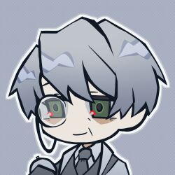 Rule 34 | 1boy, profile picture, closed mouth, coco (556ch0cl8), green eyes, grey background, grey hair, grey necktie, grey vest, halftone, halftone background, highres, hokma (project moon), library of ruina, male focus, monocle, necktie, old, old man, portrait, project moon, smile, solo, vest