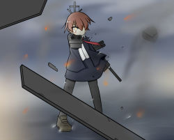 Rule 34 | 10s, black pantyhose, blazer, blood, blood on face, brown hair, cannon, goma (yoku yatta hou jane), hair over one eye, jacket, kantai collection, machinery, messy hair, necktie, ocean, pantyhose, pleated skirt, rubble, school uniform, short hair, skirt, smoke, solo, torn clothes, turret, wakaba (kancolle), yellow eyes