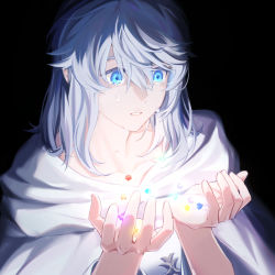 Rule 34 | 1boy, black background, blue eyes, collarbone, commentary, crying, crying with eyes open, final fantasy, final fantasy xiv, floating, floating object, from side, glowing, grey hair, hair between eyes, hands up, highres, holding, hood, hood down, hooded robe, joyce941222, looking at object, looking down, male focus, medium hair, parted lips, portrait, robe, simple background, solo, symbol-only commentary, tears, themis (ff14), white robe, wide-eyed