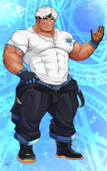 Rule 34 | 1boy, akiha gongen (housamo), baggy pants, bandaid, bandaid on face, bandaid on nose, bara, black pants, bulge, commentary request, covered abs, dark-skinned male, dark skin, dog tags, face, facial hair, facial scar, full body, gloves, goatee, highres, holding, horns, kuma gororo, large pectorals, looking at viewer, male focus, male underwear, male underwear peek, multicolored hair, muscular, muscular male, navel, official style, pants, pectoral cleavage, pectorals, scar, scar across eye, scar on arm, scar on cheek, scar on face, shirt, short hair, sideburns, single horn, smile, solo, thick eyebrows, thick thighs, thighs, tight clothes, tight shirt, tokyo houkago summoners, two-tone hair, underwear, white hair, white shirt