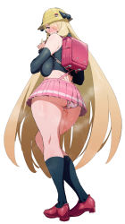 Rule 34 | 1girl, absurdres, ass, backpack, bag, blonde hair, blush, breasts, creatures (company), crop top, cynthia (pokemon), food print, full-face blush, game freak, gluteal fold, grey eyes, hair ornament, hair over one eye, hat, highres, ishii takamori, large breasts, long hair, looking at viewer, miniskirt, nintendo, panties, pokemon, pokemon dppt, print panties, pussy juice, randoseru, shoes, skirt, socks, solo, steam, strawberry panties, strawberry print, sweat, thighs, underwear, very long hair, white background