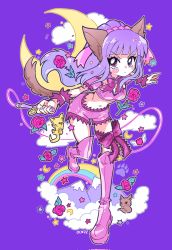 Rule 34 | animal ears, boots, cloud, crescent moon, detached sleeves, flower, fujiwara zakuro, gloves, highres, holding, holding weapon, knee boots, long hair, magical girl, mew zakuro, midriff, moon, navel, oceaninspace, ponytail, puffy detached sleeves, puffy sleeves, purple background, purple eyes, purple hair, purple theme, rose, shorts, star (symbol), tail, thigh strap, tokyo mew mew, weapon, wolf ears, wolf tail