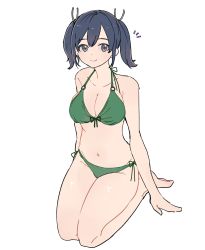 Rule 34 | 1girl, alternate costume, bare shoulders, barefoot, bikini, blue eyes, blue hair, breasts, cleavage, collarbone, fujisaki (si da), full body, green bikini, hair ribbon, highres, kantai collection, large breasts, looking at viewer, ribbon, seiza, simple background, sitting, smile, solo, souryuu (kancolle), swimsuit, symbol-only commentary, twintails, white background, white ribbon