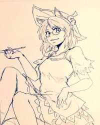 Rule 34 | 1girl, alternate costume, animal ears, bare legs, bell, breasts, commentary request, d-m (dii emu), eyelashes, futatsuiwa mamizou, glasses, greyscale, jingle bell, kiseru, leaf, leaf on head, looking at viewer, monochrome, open mouth, pince-nez, raccoon ears, raccoon tail, round eyewear, sketch, smoking pipe, tail, tanuki, touhou, traditional media