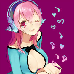 Rule 34 | 1girl, anco (melon85), bad id, bad pixiv id, blush, bow, breasts, cleavage, cleavage cutout, clothing cutout, eyelashes, hair between eyes, headphones, heart, large breasts, long hair, looking at viewer, musical note, nitroplus, one eye closed, open mouth, pink eyes, pink hair, quaver, simple background, solo, super sonico, upper body, wink
