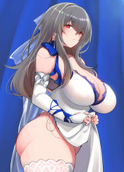 Rule 34 | 10eki (tenchou), 1girl, absurdres, ass, azur lane, bare shoulders, blush, breasts, bridal gauntlets, china dress, chinese clothes, closed eyes, clothes lift, commentary request, cross, cross earrings, curvy, dress, dress lift, earrings, elbow gloves, gloves, grey hair, highres, huge breasts, jewelry, lifting own clothes, long hair, looking at viewer, mole, mole under eye, red eyes, saint-louis (azur lane), saint-louis (holy knight&#039;s resplendence) (azur lane), saint-louis (holy knight&#039;s resplendence) (azur lane), side slit, sleeveless, sleeveless dress, solo, standing, thick thighs, thighhighs, thighs, white dress, white gloves, white thighhighs