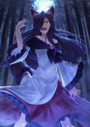 Rule 34 | 1girl, animal ears, bare shoulders, black hair, brooch, brown hair, collarbone, dark, dress, fangs, fingernails, forest, hair over one eye, ibuki notsu, imaizumi kagerou, jewelry, long fingernails, long hair, long sleeves, looking at viewer, nail polish, nature, open mouth, red eyes, red nails, sharp fingernails, solo, tail, touhou, wide sleeves, wolf ears, wolf tail