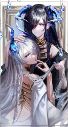Rule 34 | 2girls, absurdres, akqne, black hair, blue eyes, blue nails, braid, finger to mouth, gem, hair lift, hair over one eye, hand on another&#039;s head, highres, horns, long hair, looking at viewer, multiple girls, nail polish, open mouth, original, side braid, smile, white hair