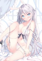 Rule 34 | 1girl, animal ears, babydoll, bed sheet, blue eyes, blush, breasts, cleavage, closed mouth, collarbone, commentary request, frilled panties, frills, grabbing own thigh, grey hair, highres, large breasts, leg up, long hair, looking at viewer, navel, on bed, original, panties, panty pull, rabbit ears, sidelocks, sitting, solo, stomach, strap slip, underwear, watagashi yui, white babydoll, white panties, window