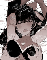 Rule 34 | 1boy, 1girl, ?, arito arayuru, armpits, arms up, azur lane, bed sheet, black eyes, black hair, blunt bangs, blush, grabbing another&#039;s breast, breasts, breath, cleavage cutout, clothing cutout, commentary request, dress, elbow gloves, gloves, grabbing, greyscale, groping, hair ribbon, heavy breathing, hetero, highres, large breasts, long hair, looking at viewer, lying, male hand, monochrome, on back, open mouth, ribbon, sleeveless, sleeveless dress, solo focus, speech bubble, spoken question mark, sweat, takao (azur lane), takao (full throttle charmer) (azur lane), upper body, veins, wavy mouth