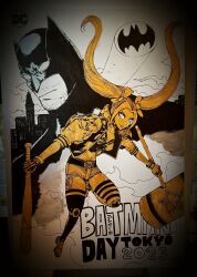 Rule 34 | batman, batman (series), dc comics, hammer, harley quinn, highres, jacket, mask, shorts, twintails, watanabe kenji