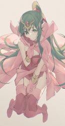 Rule 34 | 1girl, bare shoulders, boots, breasts, cape, dress, fire emblem, fire emblem awakening, garter straps, gloves, green eyes, green hair, hair ornament, highres, long hair, looking at viewer, medium breasts, nintendo, pink dress, pointy ears, ponytail, red dress, short dress, side slit, simple background, smile, sokoo, solo, strapless, strapless dress, thigh boots, thighhighs, tiki (fire emblem), zettai ryouiki