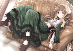 Rule 34 | 00s, 1girl, black footwear, brown hair, couch, dress, dutch angle, floor, frills, green eyes, hairband, hand on own stomach, heterochromia, long hair, looking at viewer, red eyes, rozen maiden, shoes, sitting, solo, suiseiseki, tousen