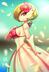 Rule 34 | 1girl, bikini, bikini top only, breasts, cleavage, creatures (company), elbow gloves, flower, from side, game freak, gardevoir, gen 3 pokemon, gloves, green hair, hair flower, hair ornament, hair over one eye, kenron toqueen, large breasts, looking at viewer, mega gardevoir, mega pokemon, navel, nintendo, pokemon, pokemon (creature), red eyes, sideboob, smile, solo, strap gap, swimsuit