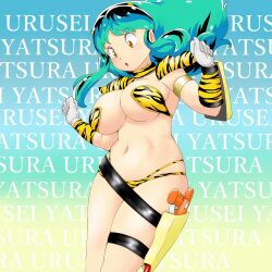 animal_print bikini breasts cone_horns epaulettes fur_bikini gloves gun highres horns large_breasts lum midriff navel oni print_footwear small_horns striped_horns swimsuit tiger_panties tiger_print tof urusei_yatsura weapon yellow_bikini yellow_horns