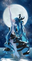 Rule 34 | 1girl, arm up, backless dress, backless outfit, black dress, blue hair, dress, full moon, hatsune miku, hya ro, long hair, looking up, moon, night, reflection, reflective water, shinkai shoujo (vocaloid), very long hair, vocaloid, wading, water, wet