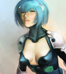 Rule 34 | 1girl, alternate costume, ayanami rei, blue hair, breasts, cleavage cutout, clothing cutout, cuson, gradient background, hair between eyes, interface headset, neon genesis evangelion, no bra, plugsuit, realistic, red eyes, short hair, simple background, small breasts, solo