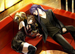 Rule 34 | 1boy, 1girl, black pants, boots, brown hair, brown theme, bubble dress, bubble skirt, couch, couple, dancing love (vocaloid), dress, elbow gloves, empire waist, feather boa, formal, gloves, hetero, jacket, kamui gakupo, meiko (vocaloid), pants, red upholstery, scarf, short hair, skirt, suit, suit jacket, thigh boots, thighhighs, toyu, v-neck, vocaloid