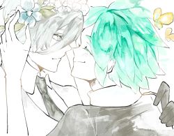 Rule 34 | 2others, androgynous, antarcticite, bad id, bad pixiv id, bug, butterfly, closed eyes, colored eyelashes, face-to-face, flower, gem uniform (houseki no kuni), gloves, green hair, grey eyes, hair between eyes, head wreath, houseki no kuni, insect, looking at another, multiple others, necktie, phosphophyllite, short hair, smile, upper body, white eyes, white hair