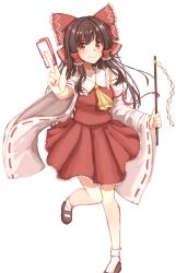 Rule 34 | 1girl, bo cota, brown hair, card, hair ribbon, hair tubes, hakurei reimu, highres, holding, holding card, holding stick, japanese clothes, long hair, looking at viewer, miko, nontraditional miko, red eyes, red ribbon, ribbon, solo, stick, touhou, white background