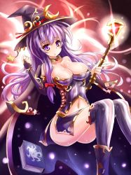 Rule 34 | 1girl, alternate costume, bare shoulders, book, breasts, bridal gauntlets, bustier, cape, cleavage, collarbone, corsage, crescent, hat, large breasts, long hair, navel, no panties, patchouli knowledge, polearm, purple eyes, purple hair, purple thighhighs, side slit, skirt, socks, solo, striped clothes, striped socks, striped thighhighs, sumapan, thighhighs, touhou, very long hair, weapon, witch hat