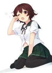 Rule 34 | 1girl, black pantyhose, brown eyes, brown hair, buttons, green skirt, hair between eyes, kantai collection, mitsuyo (mituyo324), mutsuki (kancolle), one eye closed, open mouth, pantyhose, pleated skirt, puffy short sleeves, puffy sleeves, school uniform, serafuku, short hair, short sleeves, simple background, skirt, solo, white background