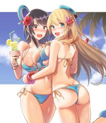 Rule 34 | 10s, 2girls, absurdres, alternate costume, ass, atago (kancolle), bare arms, bare shoulders, bikini, black hair, blonde hair, blue bikini, blush, breast press, breasts, cowboy shot, flower, from behind, green hair, hair flower, hair ornament, hands on own hips, hibiscus, high heels, highres, kantai collection, kitazawa (embers), large breasts, long hair, looking at viewer, looking down, md5 mismatch, midriff, multiple girls, open mouth, palm tree, red eyes, red flower, red rose, rose, shiny skin, short hair, skindentation, standing, standing on one leg, stomach, swimsuit, symmetrical docking, takao (kancolle), thigh gap, thighs, tree, wavy mouth