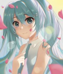 Rule 34 | 1girl, absurdres, aqua eyes, aqua hair, aqua necktie, bare shoulders, blurry, blurry foreground, commentary, english commentary, falling petals, hair between eyes, hair ornament, hairclip, hatsune miku, highres, hiototo39, lens flare, long hair, looking at viewer, necktie, petals, shirt, sleeveless, sleeveless shirt, smile, solo, twintails, upper body, very long hair, vocaloid, white shirt